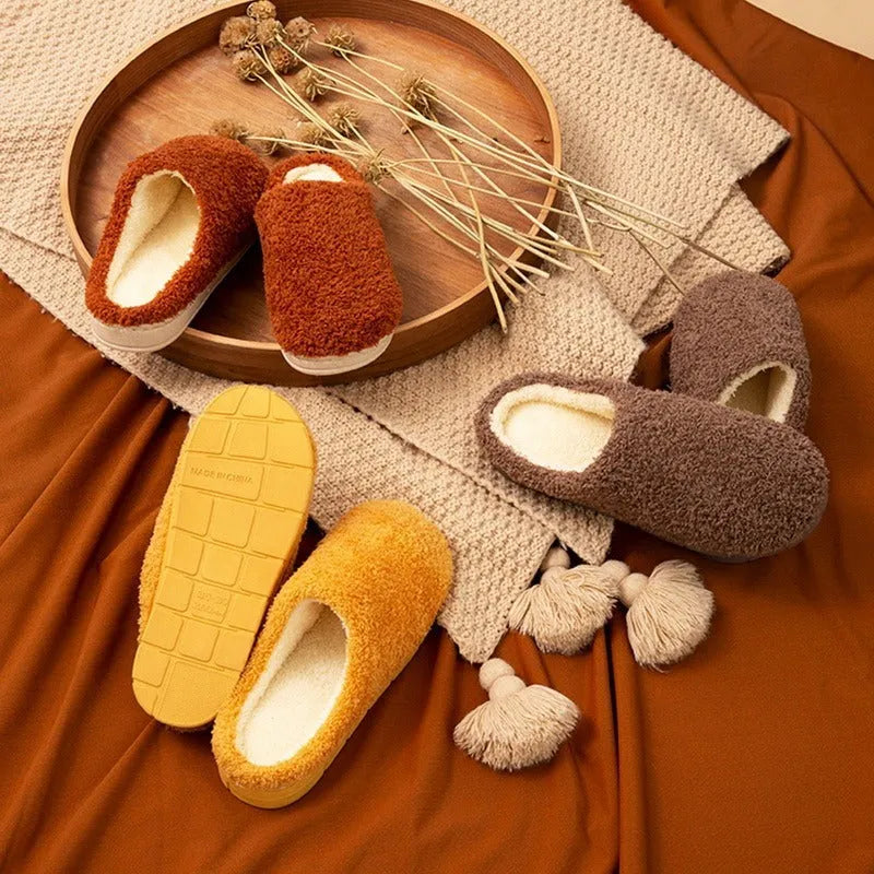 Women’s furry slippers with suede upper and non-slip sole in candy colours for winter home wear