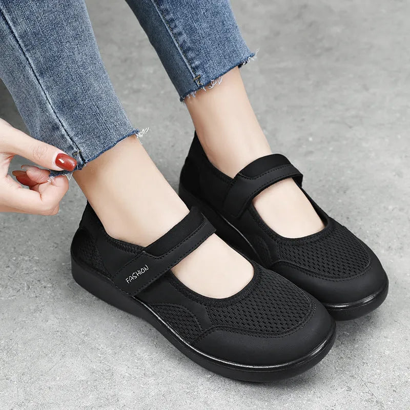 Women's grey mesh casual shoes with Velcro fastening and round toe for leisure wear