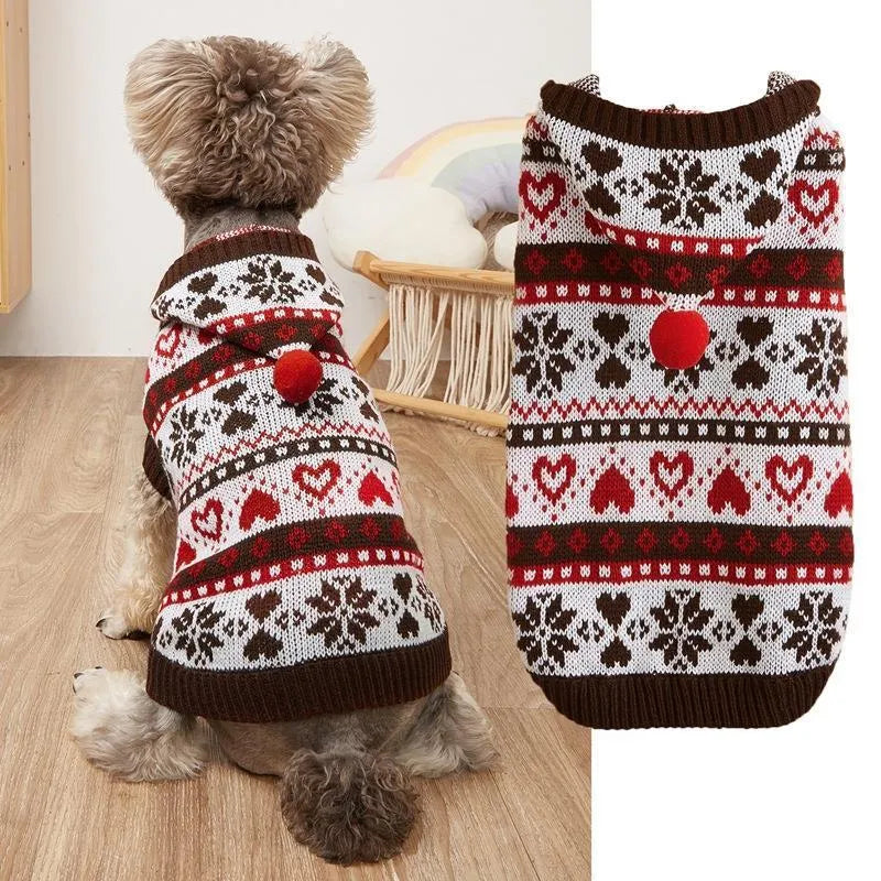 Acrylic knitted dog sweater with striped camouflage pattern and snowflake designs in pink, blue, or grey