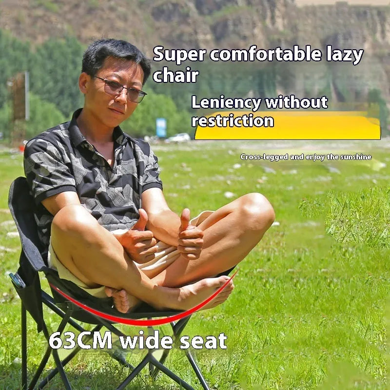 Beige folding camping chair with steel frame and Oxford cloth seat in open position