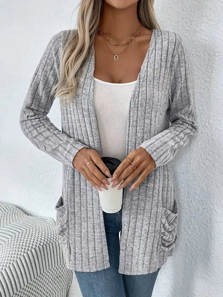 Solid colour long sleeve cardigan with pockets in loose fit design available in black and granny grey