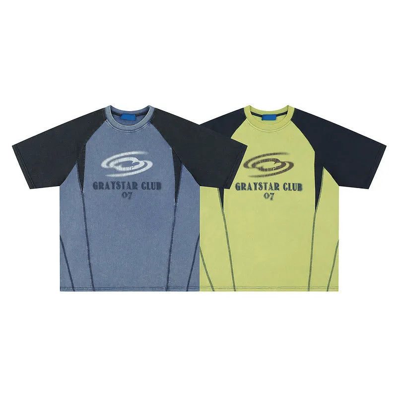 Men's blue loose fit cotton t-shirt with white hip hop letter print and raglan sleeves