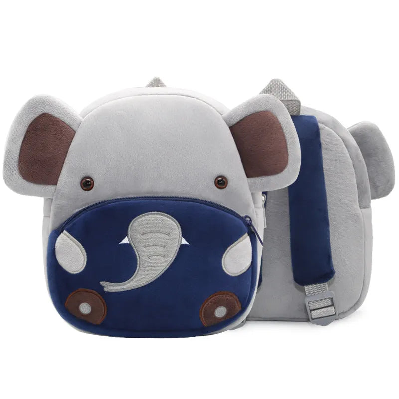 Plush children's backpack with animal design showing soft texture and zipper opening
