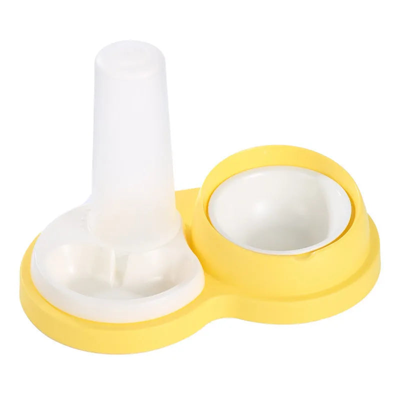 Grey and yellow pet feeding bowl set with dual ceramic bowls, neck protection collar, and stainless steel base