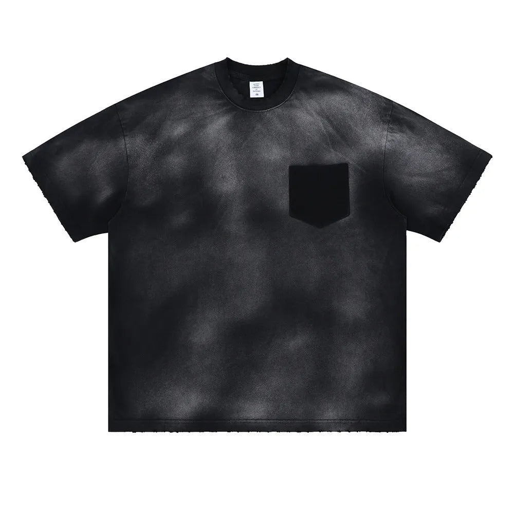 Black men's cotton T-shirt with printed letter pattern and drop-shoulder sleeves in loose fit