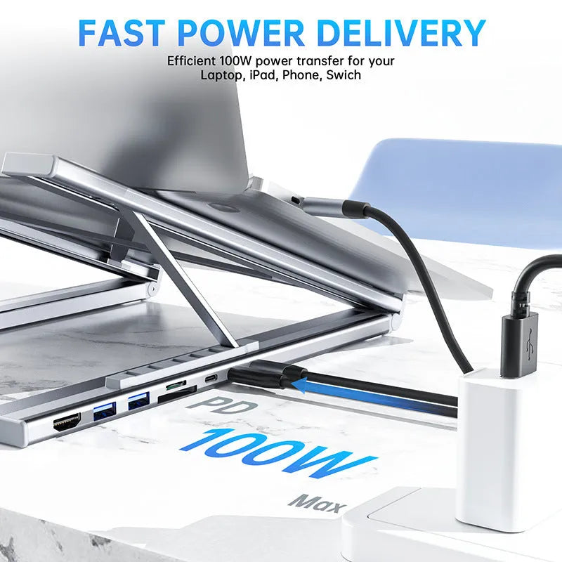 Aluminium alloy folding docking station laptop stand with multiple connectivity ports