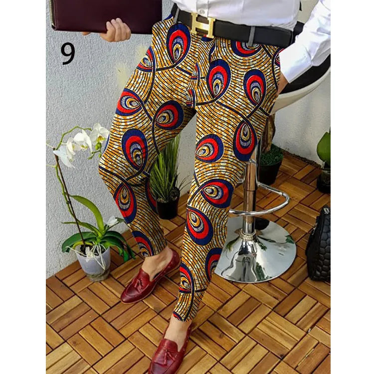 Men's slim-fit casual trousers with 3D printed plaid pattern in straight cut design
