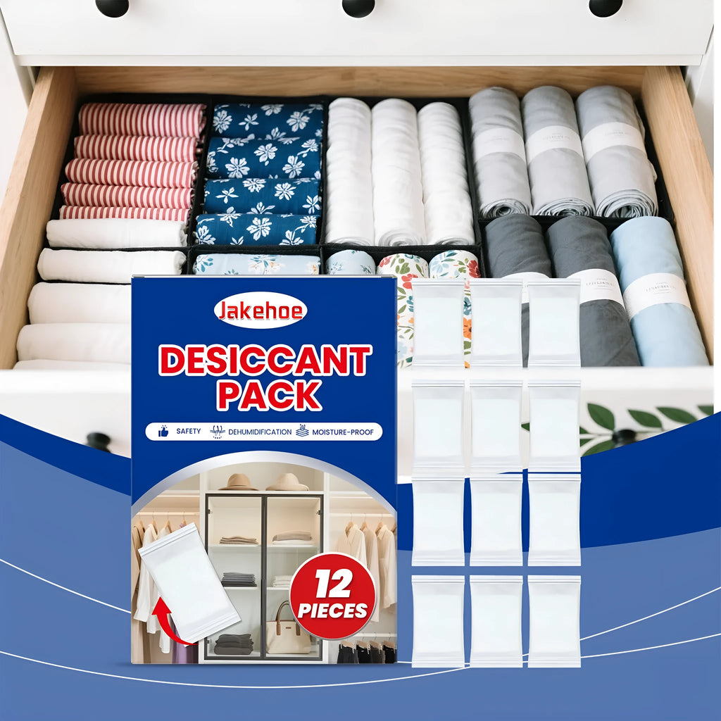 Twelve calcium chloride desiccant bags with wood pulp for household moisture control