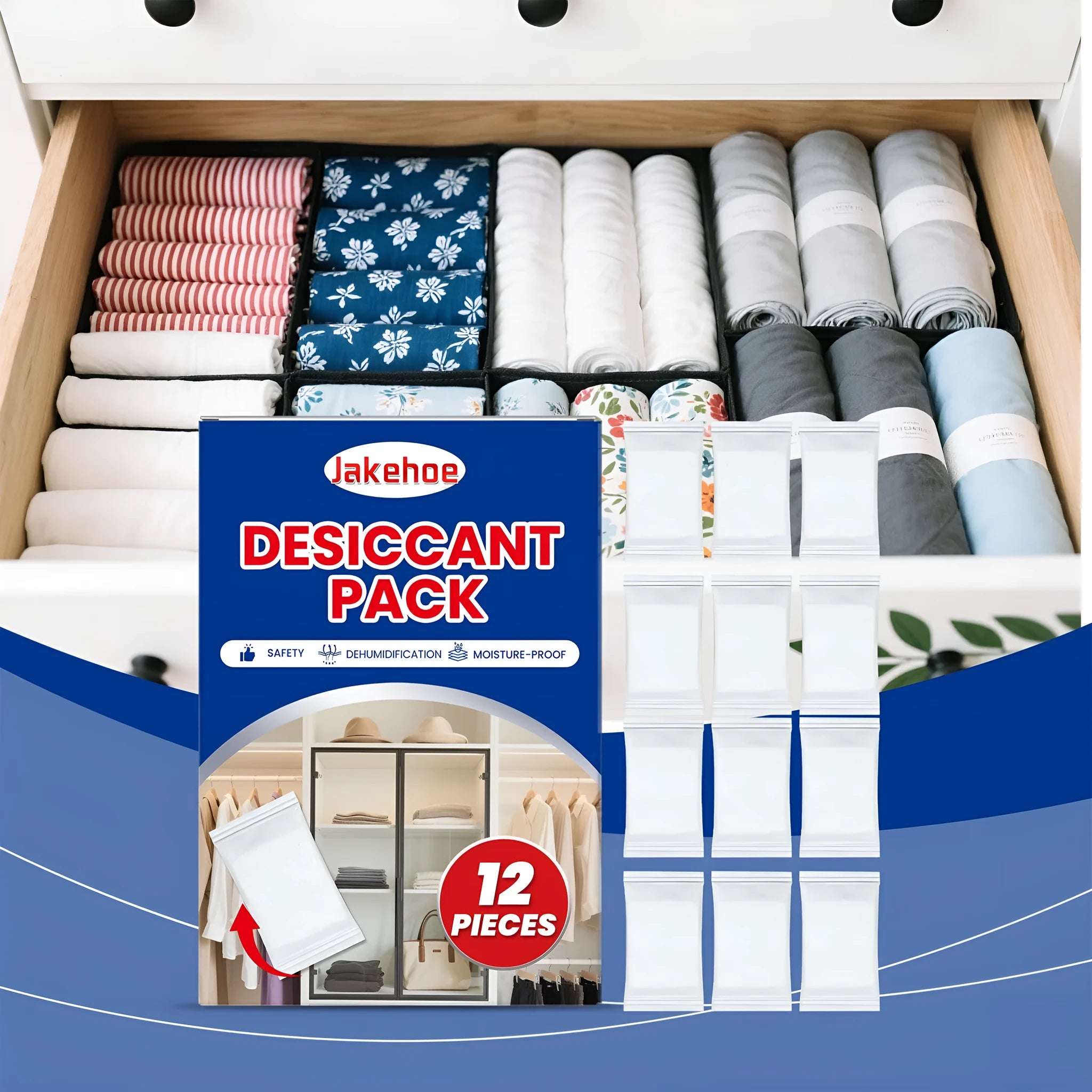 Twelve calcium chloride desiccant bags with wood pulp for household moisture control