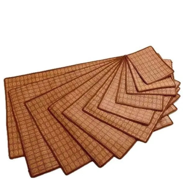 Brown rattan fibre dog cooling mat shown in various sizes