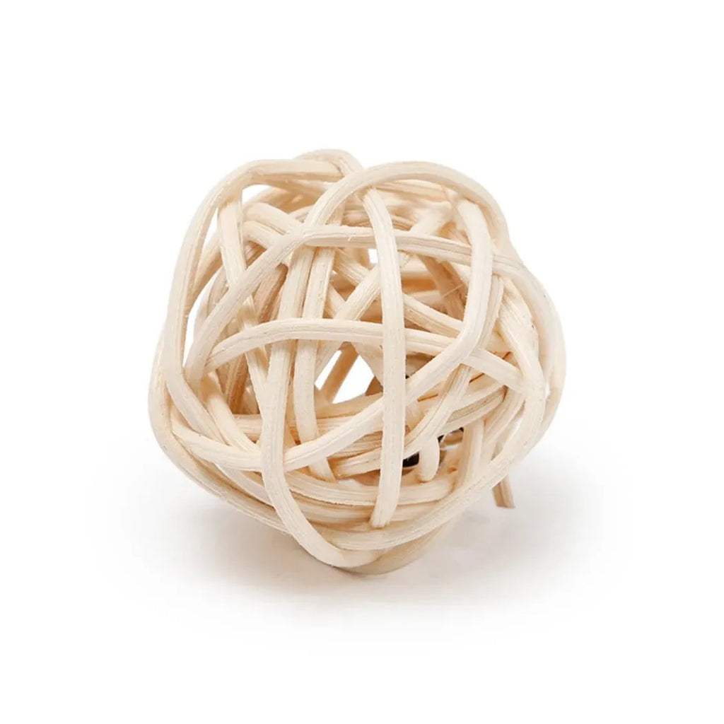 Cat toy set showing rattan ball and faux feather ball with bell for interactive play
