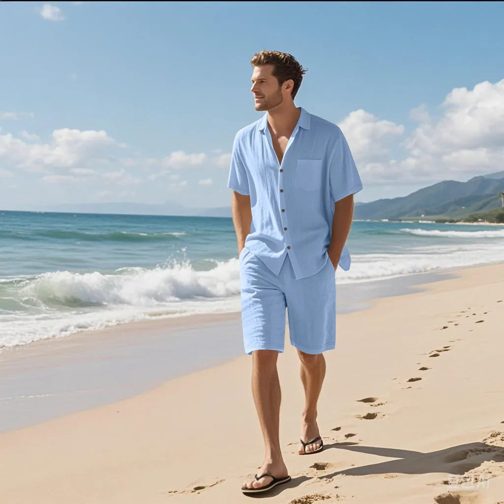 Men's linen blend short sleeve shirt and shorts casual beach set in army green.