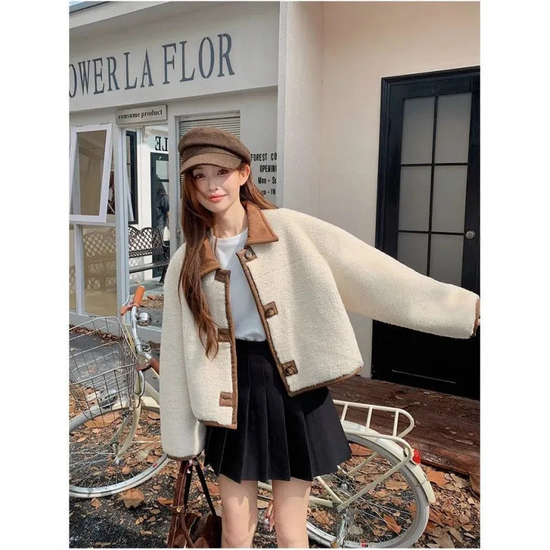 Women's double-sided reversible lamb fur coat in brown, thick acrylic fabric, loose fit with flight sleeves