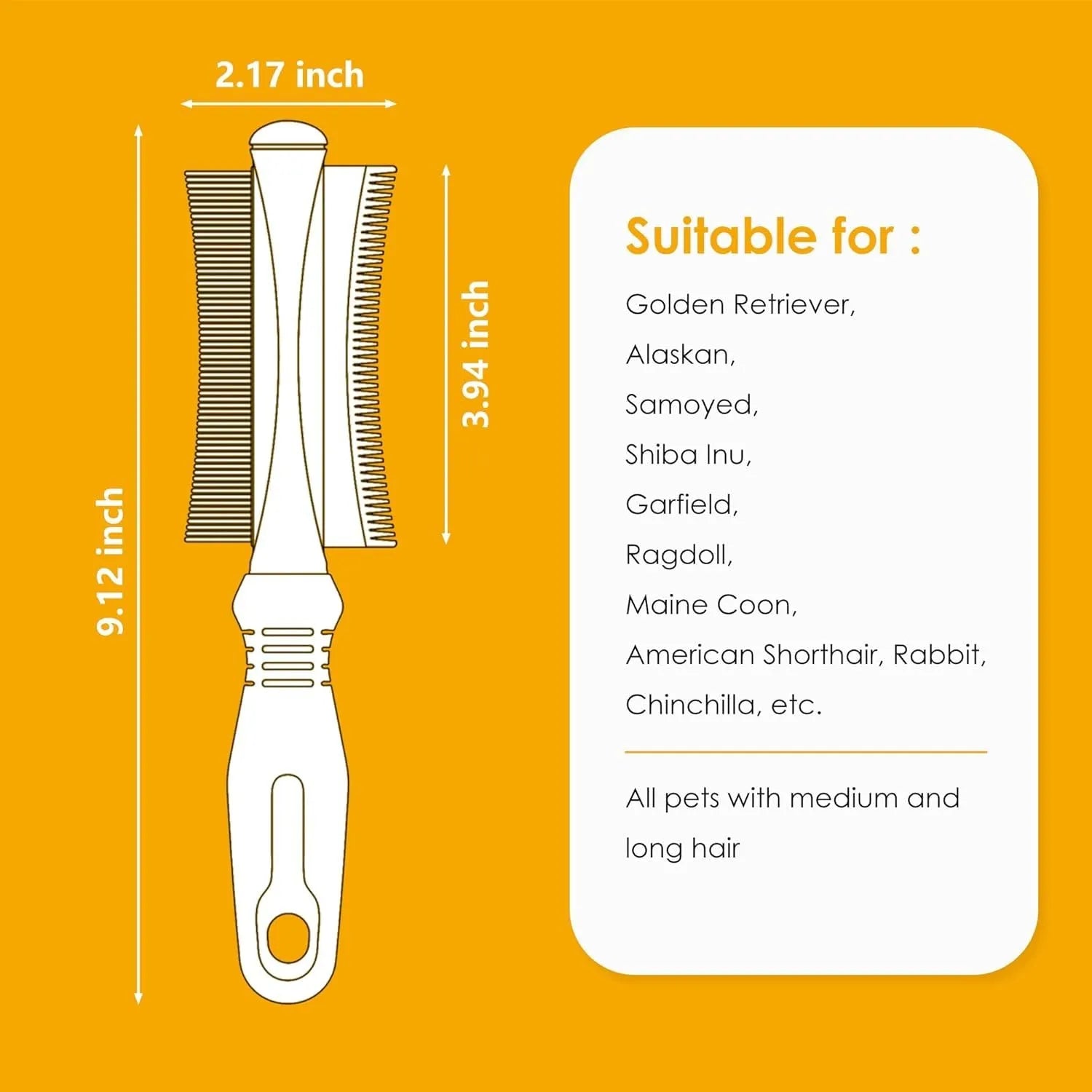 White 2-in-1 professional pet grooming brush with curved comb and deshedding brush sides on a textured handle.
