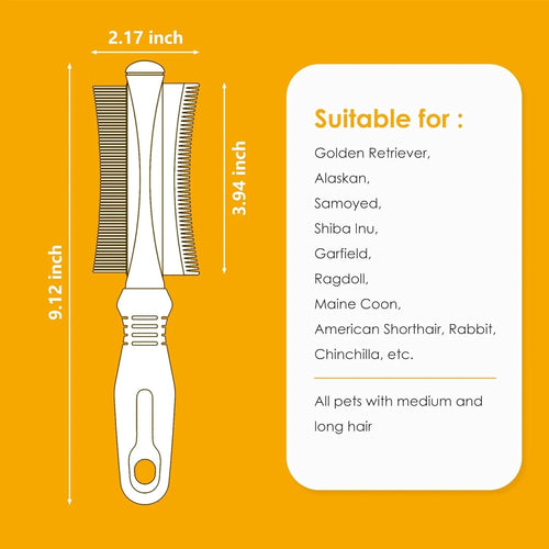 White 2-in-1 professional pet grooming brush with curved comb and deshedding brush sides on a textured handle.