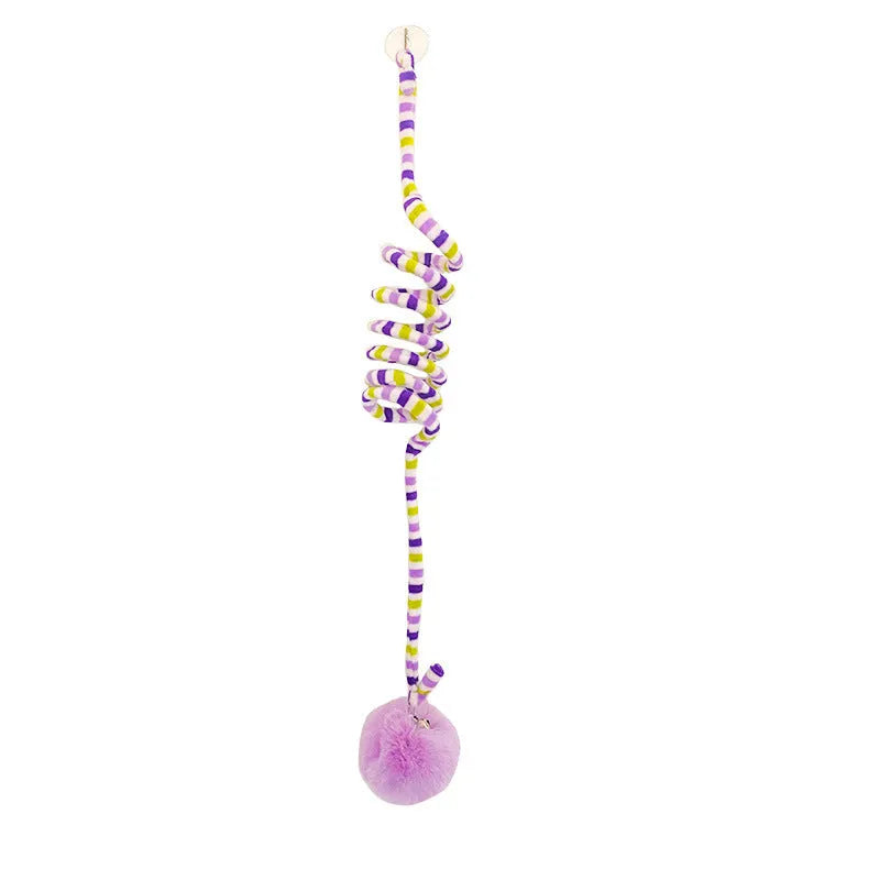 Spring-mounted inflatable ball cat toy with bell stick and suction cup attachment in various colours