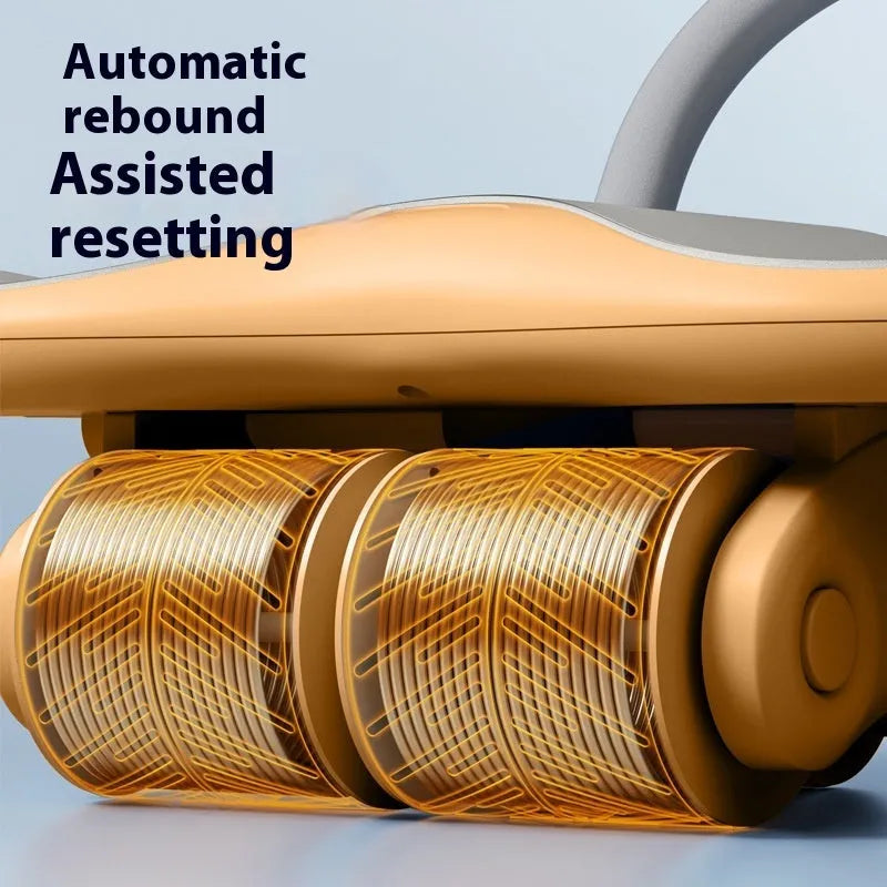 Three-wheel abdominal exercise wheel with automatic rebound mechanism and kneel pad in black and orange colours