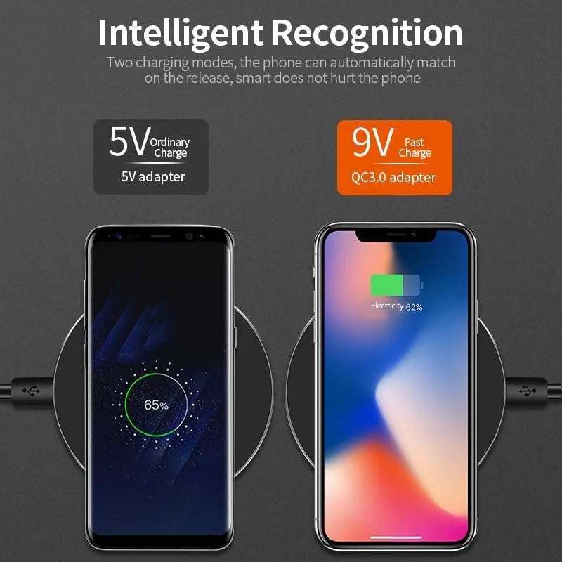 Black square ultra-thin wireless charging pad for smartphones with fast 9V Qi charging.