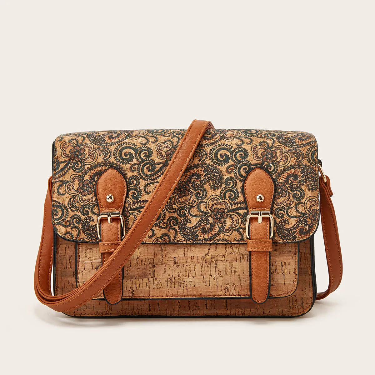 Women's printed one-shoulder crossbody bag in PU leather showing colour options: pansy, square print, grass flower, green.