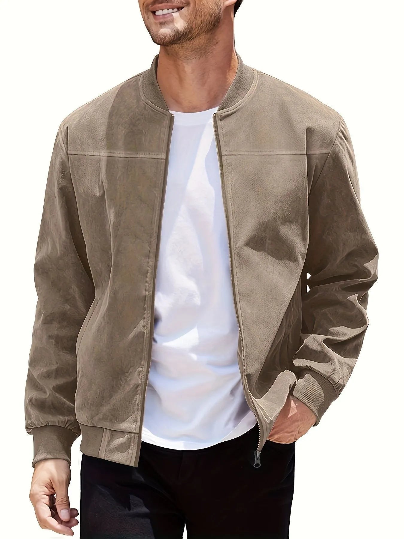 Men's plus size suede zipper jacket in army green with cotton lining, shown in regular fit.