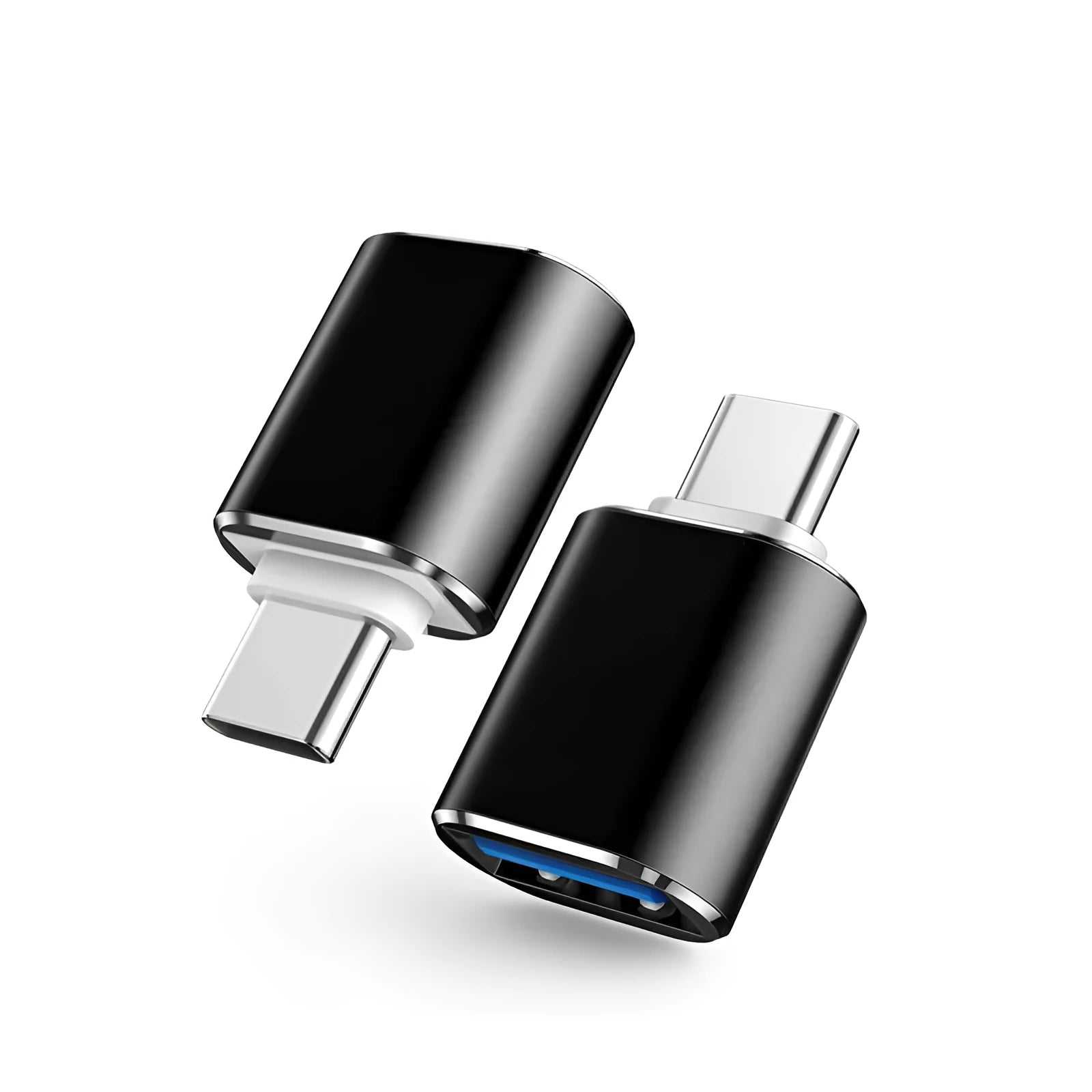 USB-C to USB-A OTG adapter in black, gold, and silver colour options for smartphones and tablets.