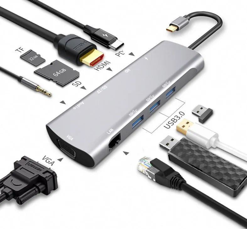 Grey USB-C docking station with aluminium alloy shell and multiple connectivity ports
