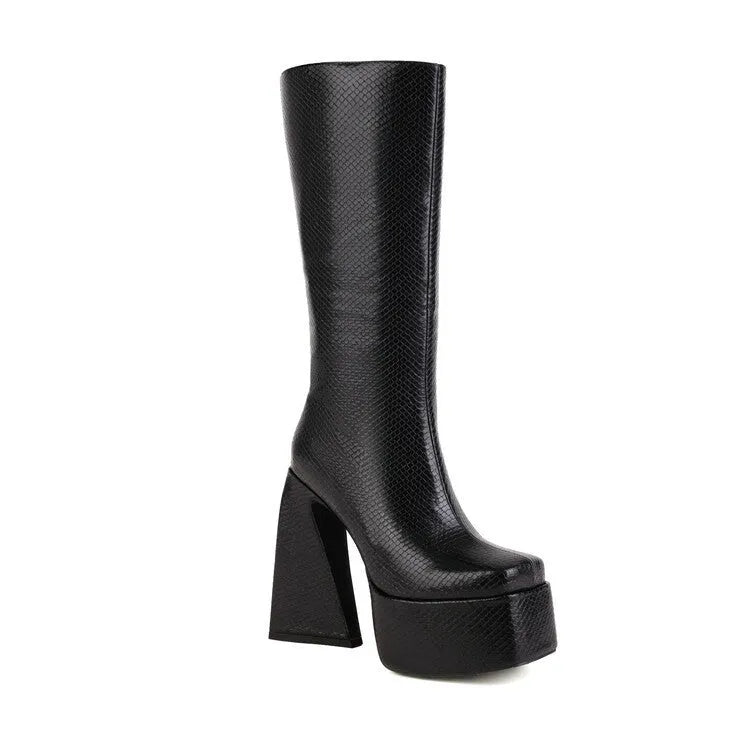 Women's casual high boots in black, red, blue and white colours with artificial PU upper