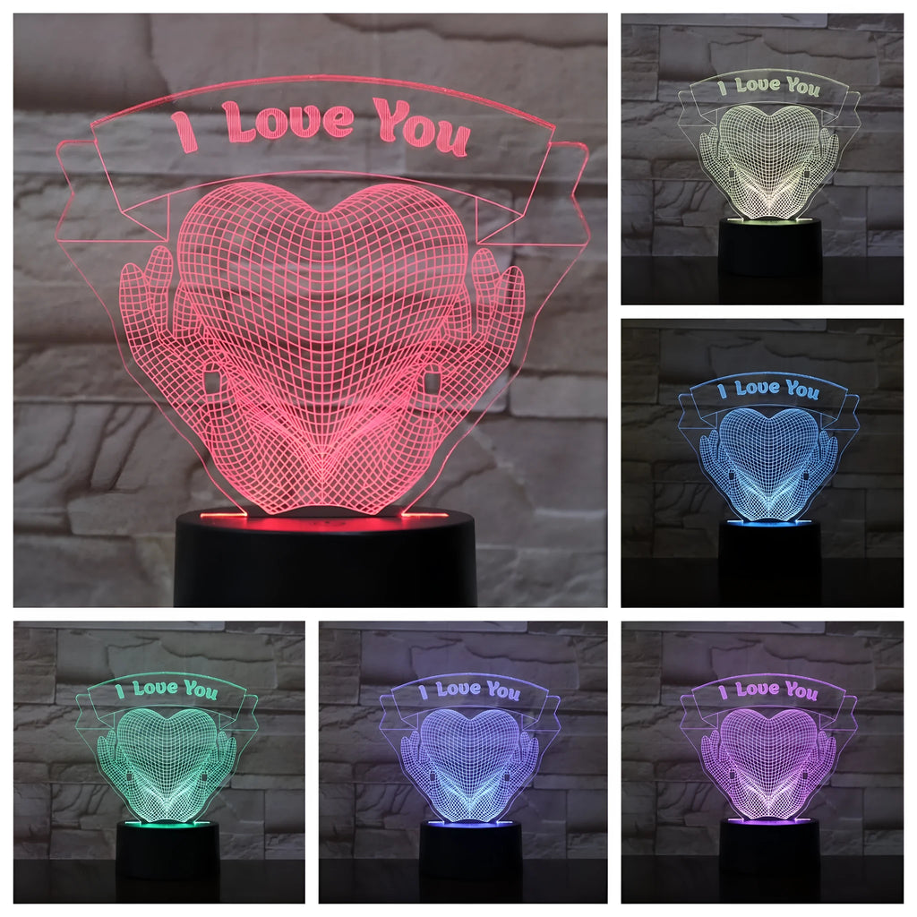 Valentine 3D night light with hands holding heart design in seven colour changing LED modes