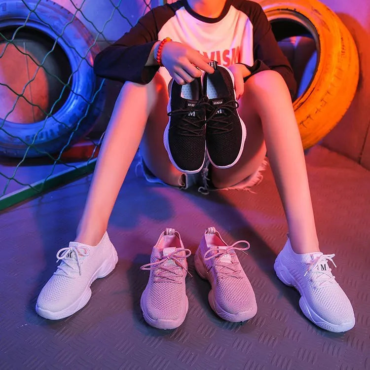 Women's white thick-soled woven sports shoes with a front strap and round toe