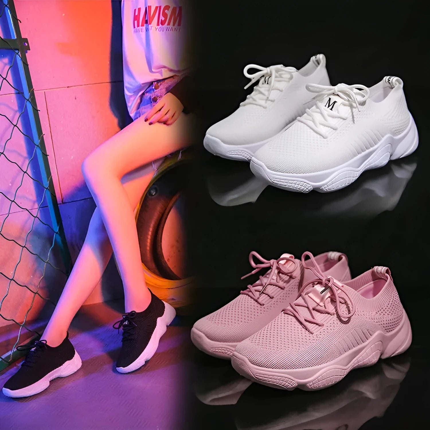 Women's white thick-soled woven sports shoes with a front strap and round toe