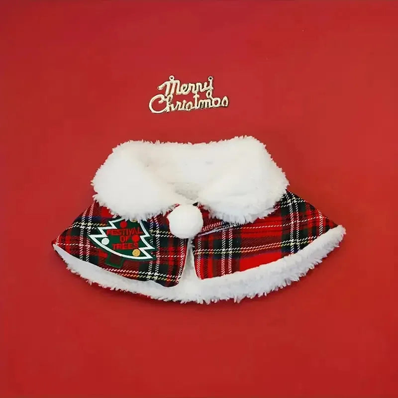 Festive pet scarf with holiday pattern in red and blue colours, shown draped as a winter accessory