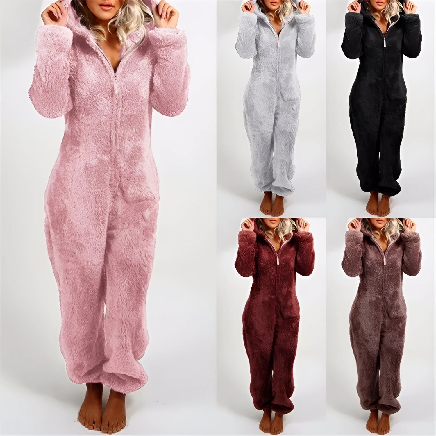 Fleece-lined thickened furry hooded jumpsuit pajamas with zipper in a colour option