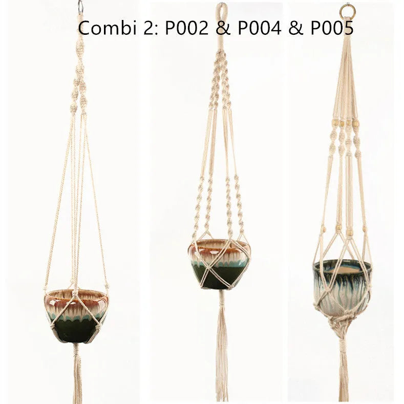 Woven wire plant basket holder with cotton rope construction in desktop and wall hanging styles