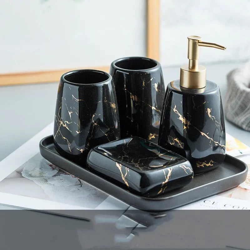 Ceramic bathroom wash set in light luxury style with black, blue or white colour options