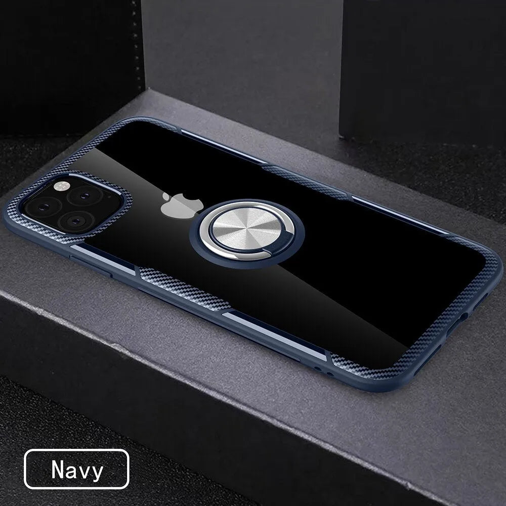 Black PU material phone case for iPhone 11 Pro Max showing precise cutouts for camera and ports.