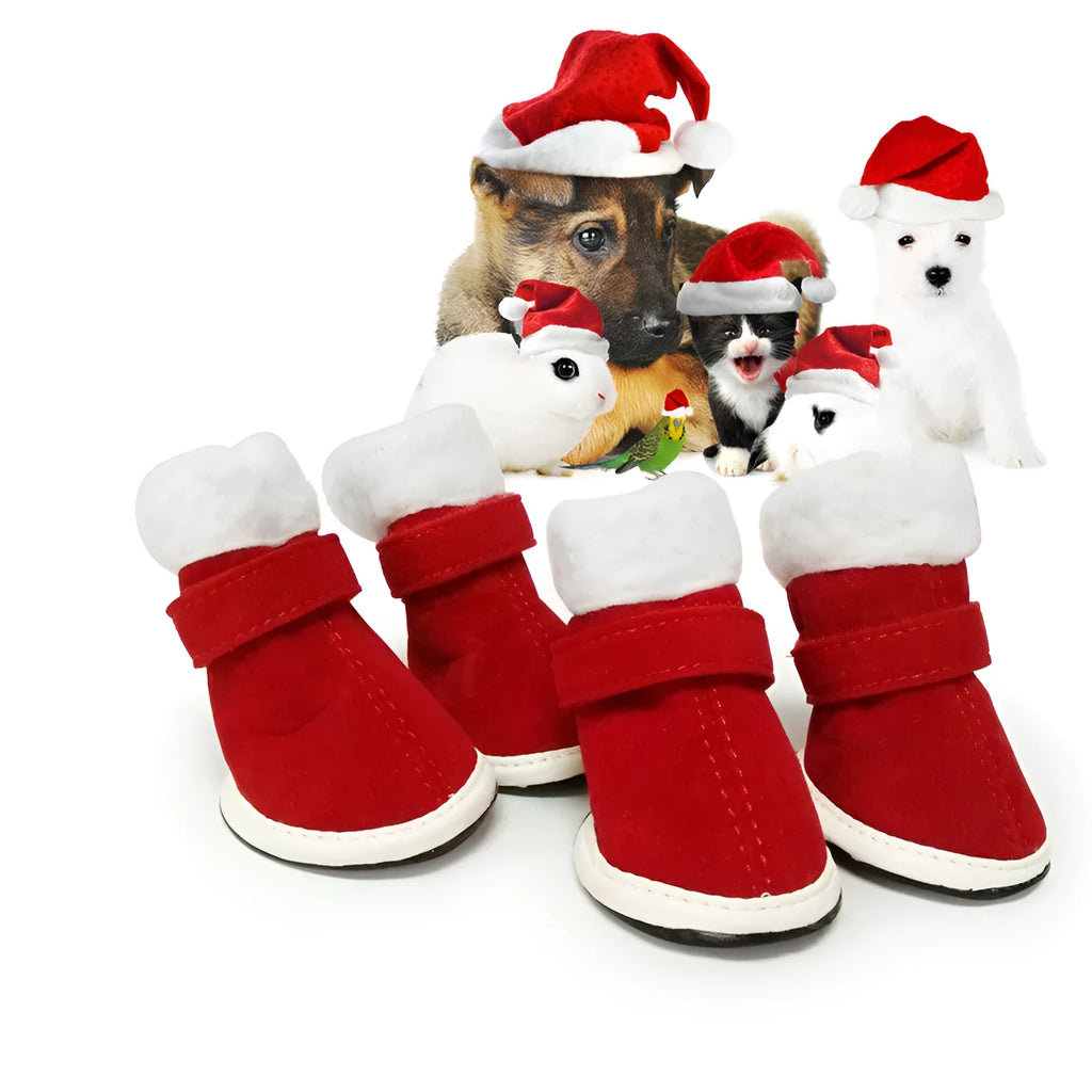 Red pet warm plush Christmas shoes with non-slip rubber sole for small dogs on a festive background