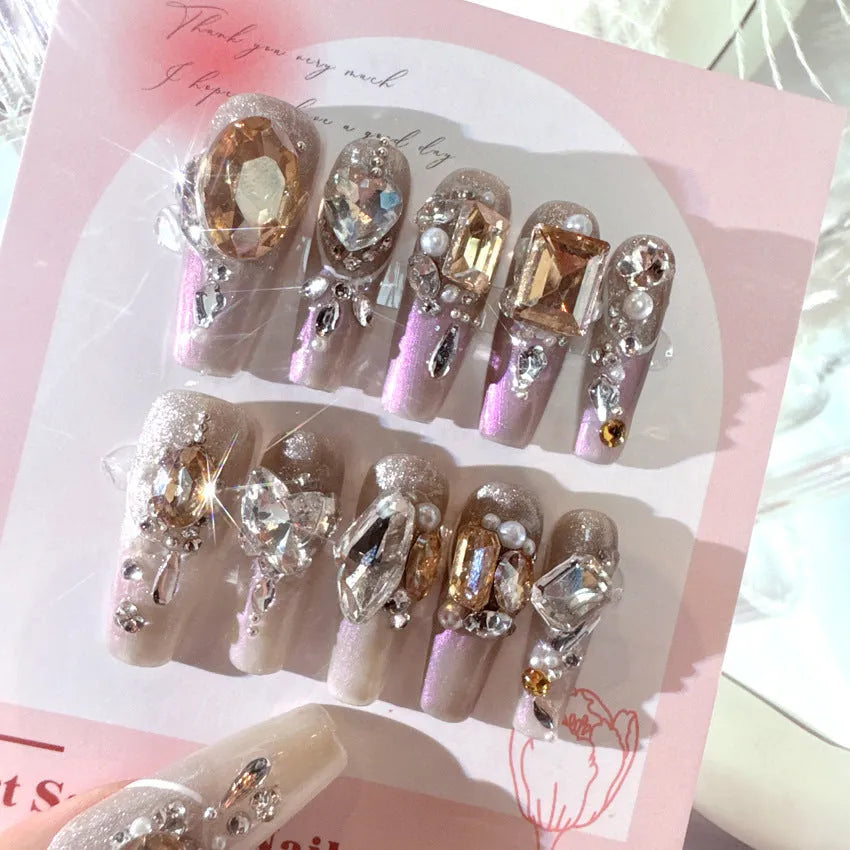 Rhinestone-decorated false nail patches set with phototherapy sealing in S number sizing