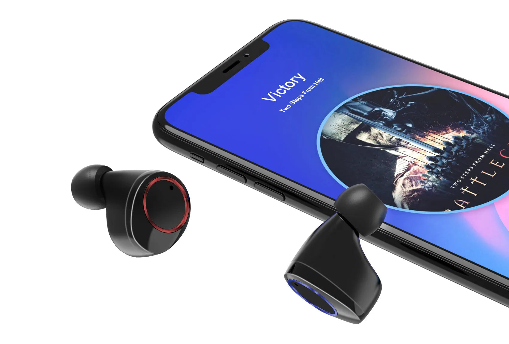 X11 black Bluetooth wireless earbuds with charging case showing touch controls and silicone ear sleeves