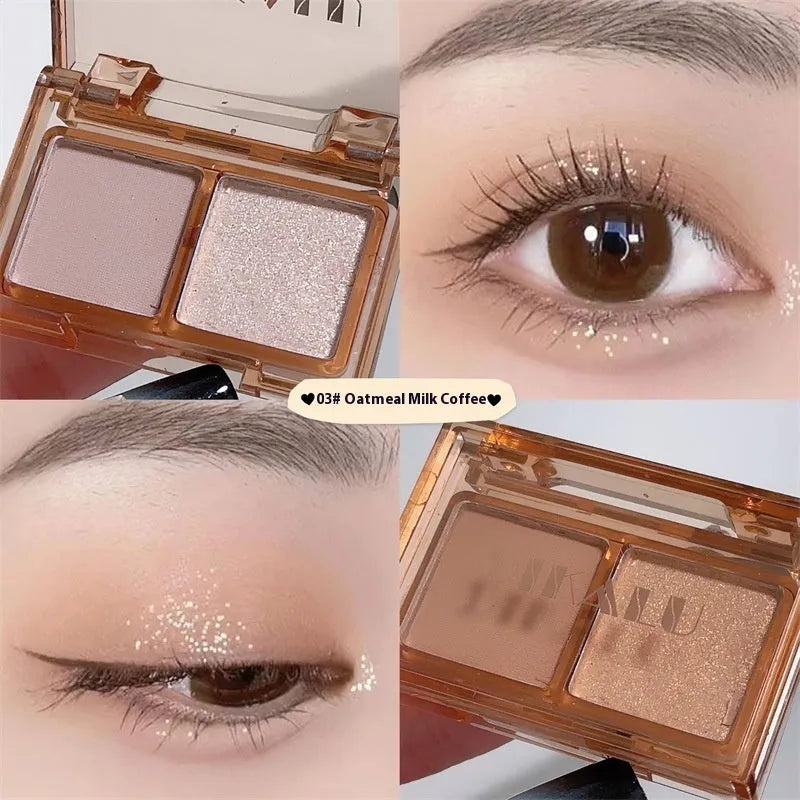 Two-tone eyeshadow palette showing five colour combinations including pink and black shades