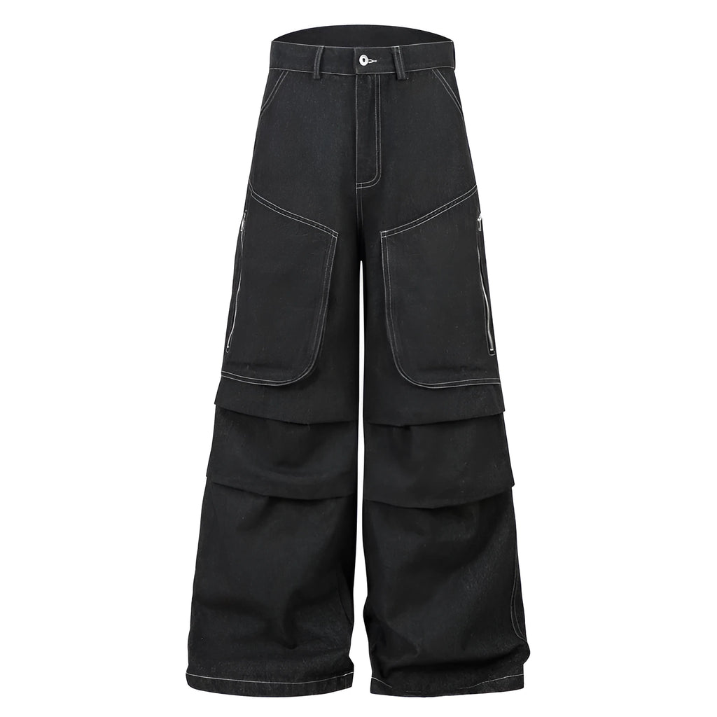 Black denim work trousers with multiple pockets and pleated front design on mid-waist fit