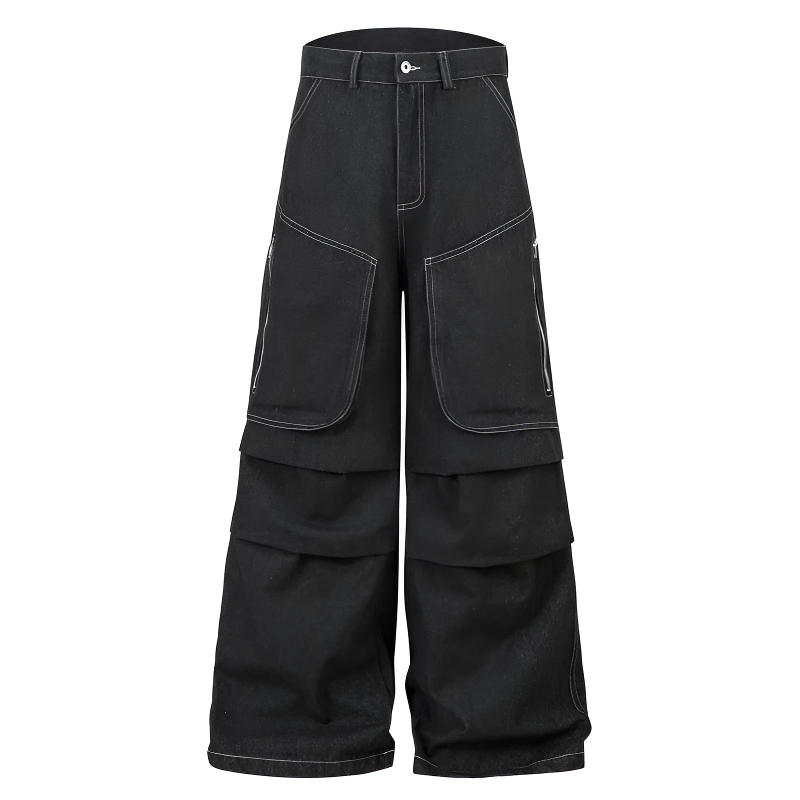 Black denim work trousers with multiple pockets and pleated front design on mid-waist fit
