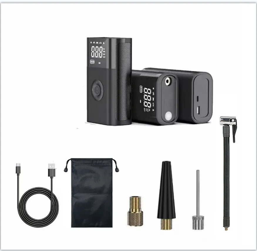 Wireless digital display car tyre inflator with multiple nozzle adaptors and LED light