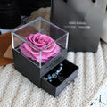 Eternal Flower gift box with preserved roses and carnations inside, measuring 8.5 cm square by 10.5 cm high