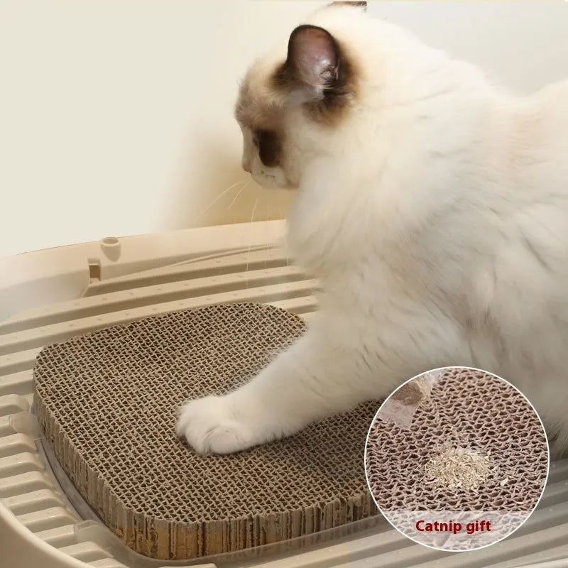 Fully enclosed splash-proof cat litter basin in grey with rolling tail top-in design and included accessories