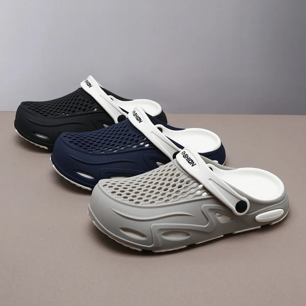 Men's Summer Closed Toe Non-slip Breathable Beach Slippers EVA Integrated Molding Flat Heel 3cm Breathable Non-slip Grid Pattern Thin Round Head Toe Holder Available in Gray Navy Blue Black Sizes 38-39 to 44-45
