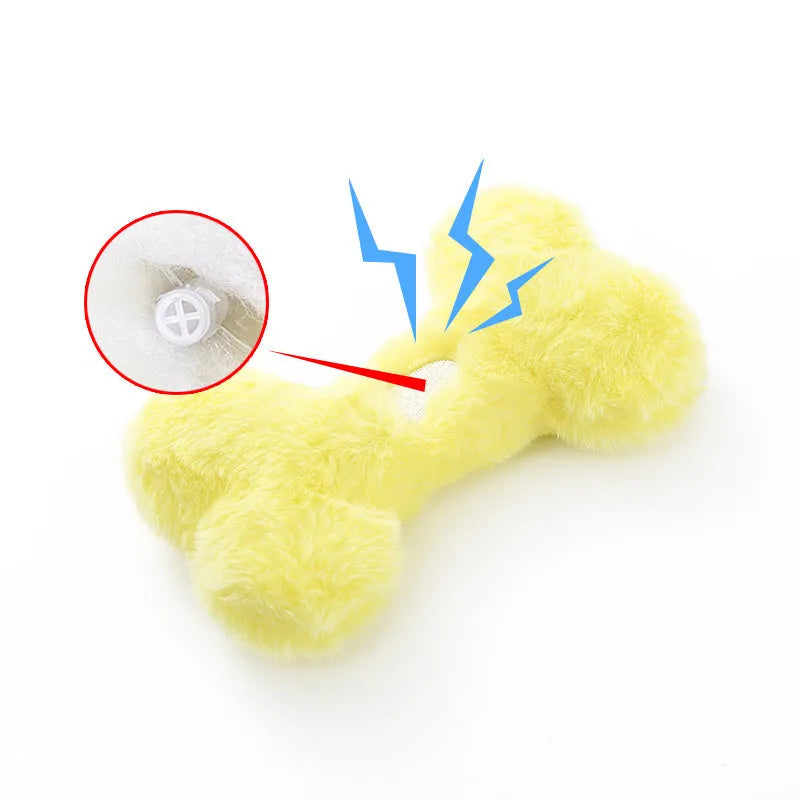 Cute love bone shaped plush dog toy with vocal squeaker in blue, pink, or yellow colours