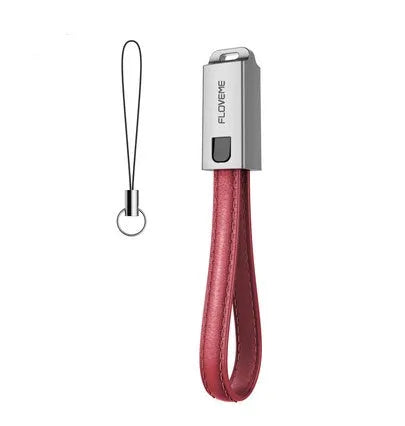 Short red leather and metal iPhone lightning charging cable showing 20cm length.
