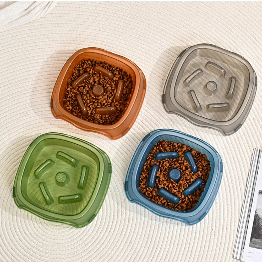 Pet dog slow feeder bowl in blue with anti-choking design for controlled feeding