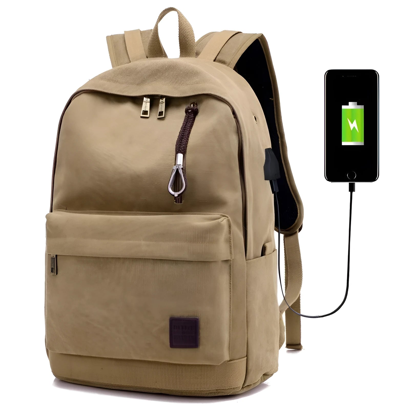 Canvas backpack with USB charging port showing computer pocket and available colour options