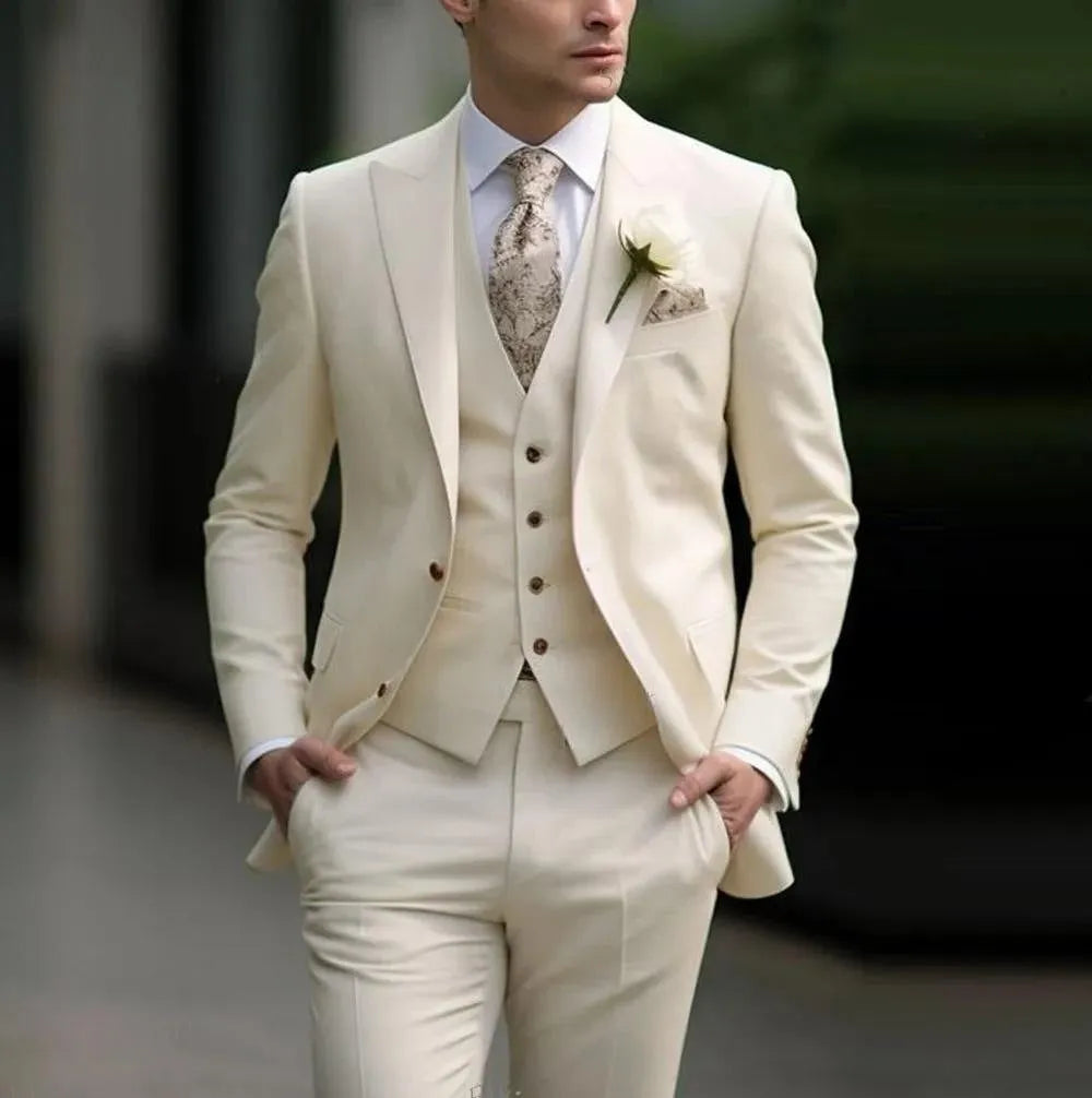 Men's slim fit three-piece business suit in chemical fibre blend polyester fabric